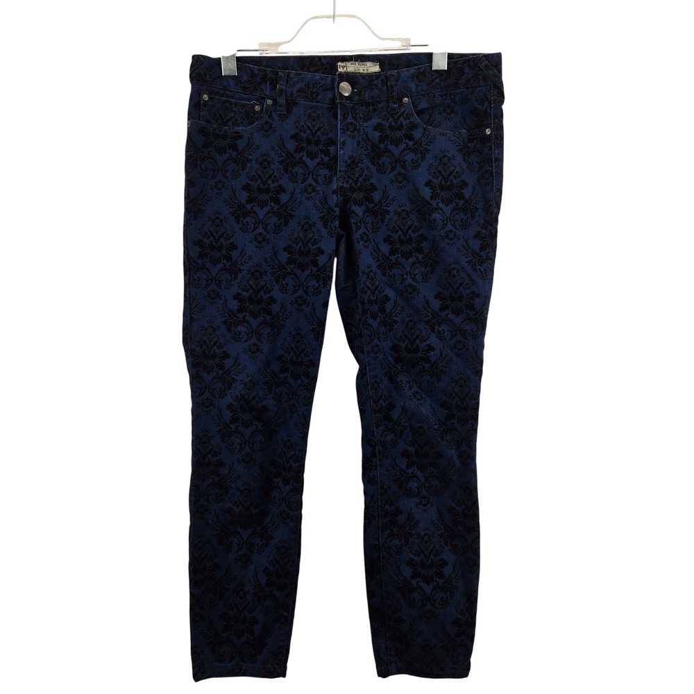 Free‎ People Blue Black Velvet Jacquard Skinny Jeans Damask Floral Size 30 Boho
